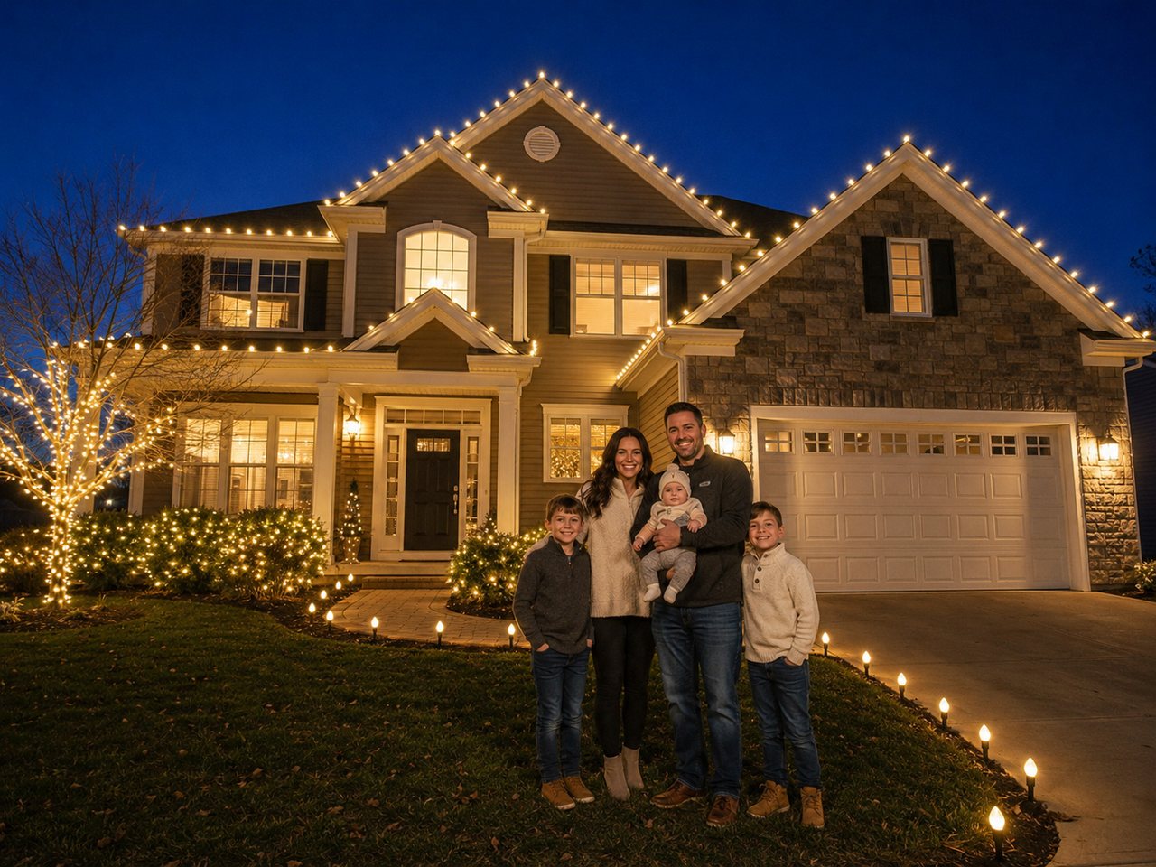 Loving family enjoying Christmas light set up in Bucks County, Pennsylvania
