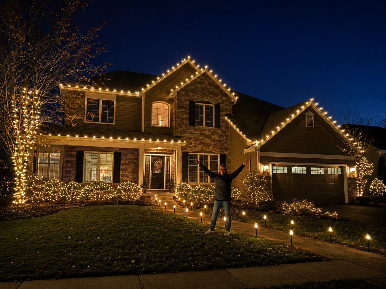Happy homeowner with beautiful Christmas light installation in Cherry Hill, New Jersey
