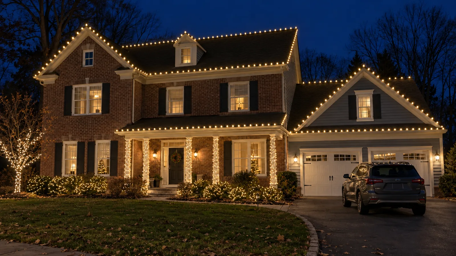 Christmas light installation in Chesterfield, New Jersey, with warm roofline lights, wrapped porch columns, trees, and shrubs
