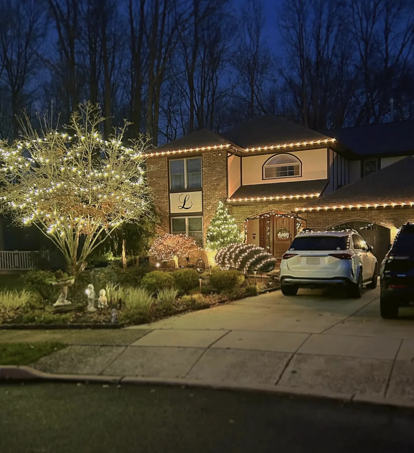 The Merry Crew home with roofline, tree, and landscape lights