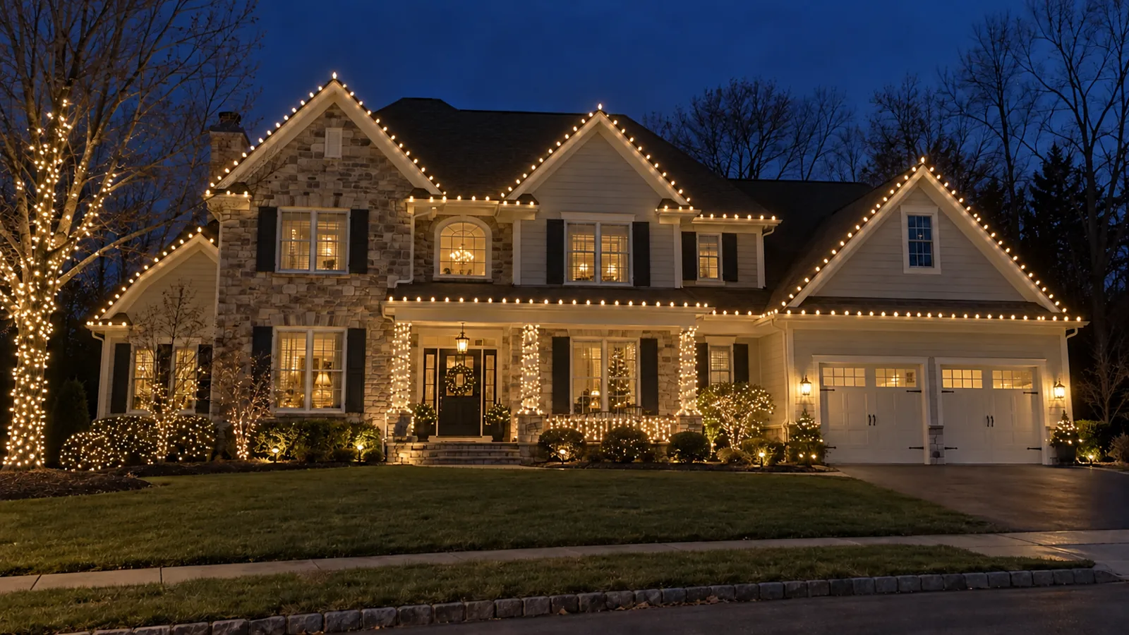 Christmas light installation in Haddonfield, New Jersey, with warm roofline lights, wrapped trees, shrubs, and porch columns