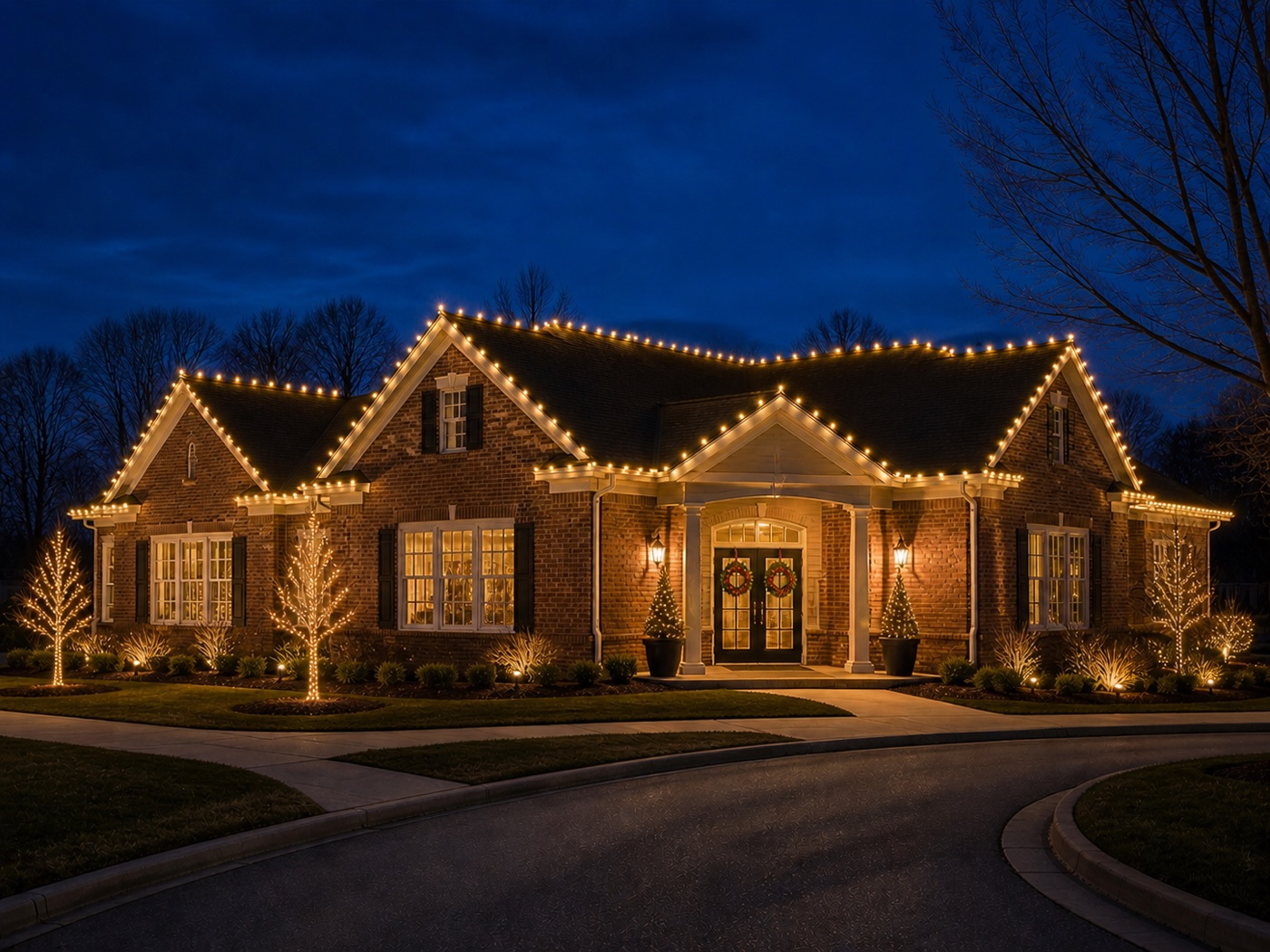 Brick community clubhouse with warm roofline, entry, tree, and landscape holiday lights