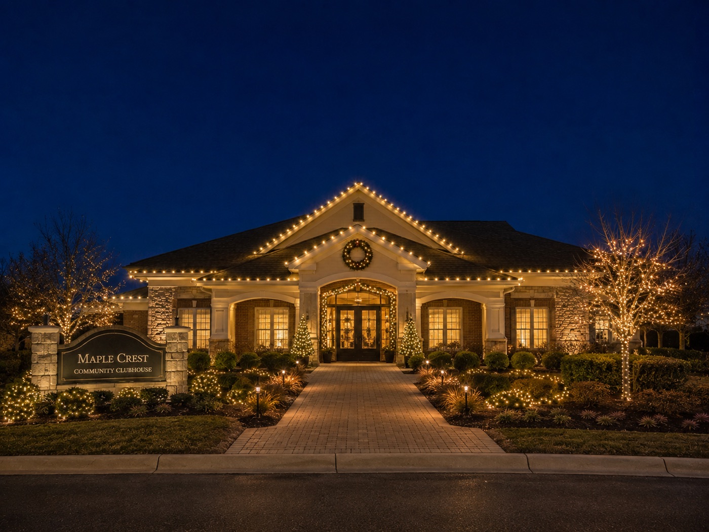 Maple Crest community clubhouse with warm holiday roofline and landscape lights