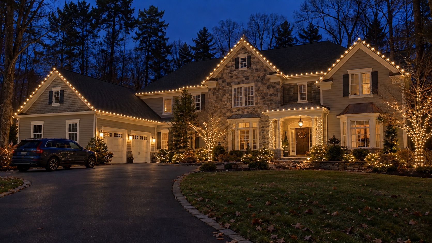 Christmas light installation in Medford, New Jersey, with warm white roofline lights, wrapped trees, porch columns and illuminated shrubs