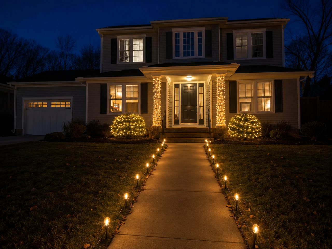Warm walk-way and entry lighting display in Newark, Delaware