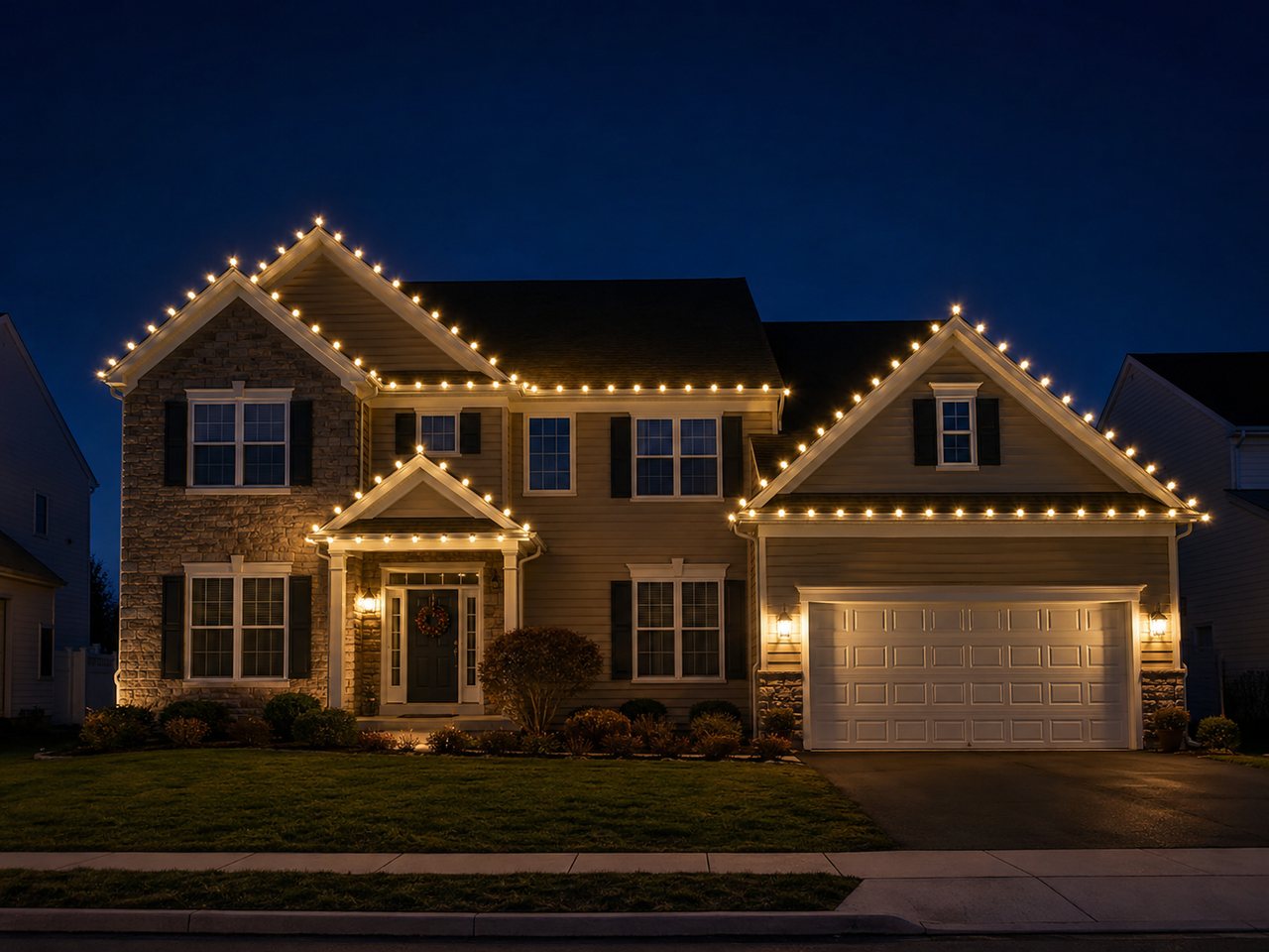 Elegant roofline Christmas light installation in Wilmington, Delaware
